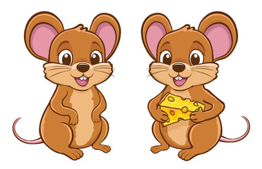Two mice with big ears and expressive eyes, one on the right holds a piece of yellow cheese with holes, cheerful and playful illustration