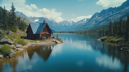 Naklejka premium Lake House Serenity Mountain View Tranquil Scenery