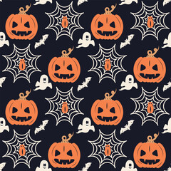 Halloween seamless pattern. Vintage pumpkins, ghosts and cobwebs with a spider on a dark background. Vector illustration in flat style. Ideal for use in textiles, wallpapers and holiday decorations.
