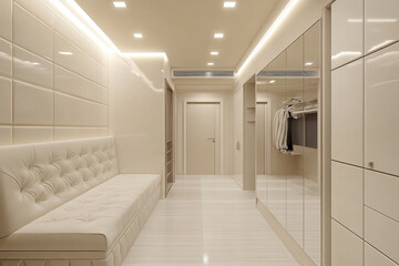 Elegant hallway design featuring a built in bench and mirrored wardrobe