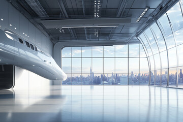 Modern aircraft hangar with city skyline view futuristic design spacious interior