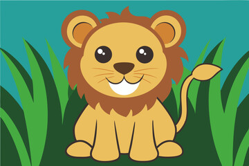 Obraz premium Adorable Cartoon Lion Cub Sitting on Green Grass