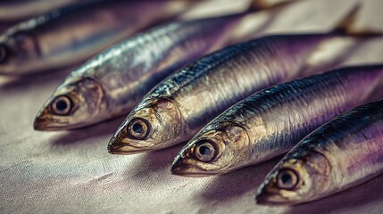 Obraz premium Sardines arranged on light surface, warm lighting with soft purple shadows and textile hints