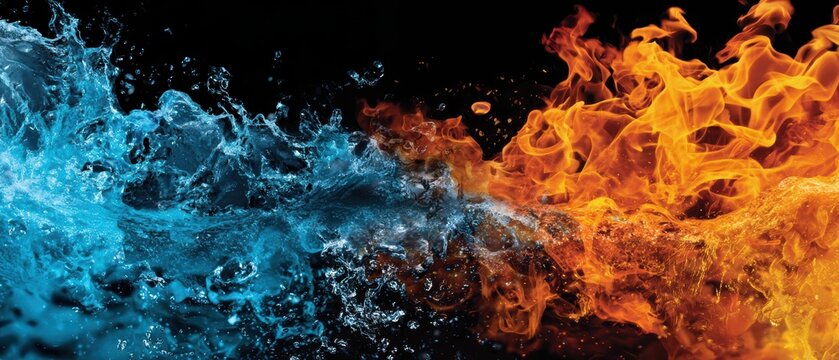 Blue water and orange fire clash dramatically against a black background, symbolizing the elemental forces of nature in dynamic motion