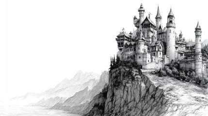 Epic fantasy castle on a remote cliff edge. Detailed black and white pencil drawing of a majestic fortress in a mountain landscape. Panoramic sketch.