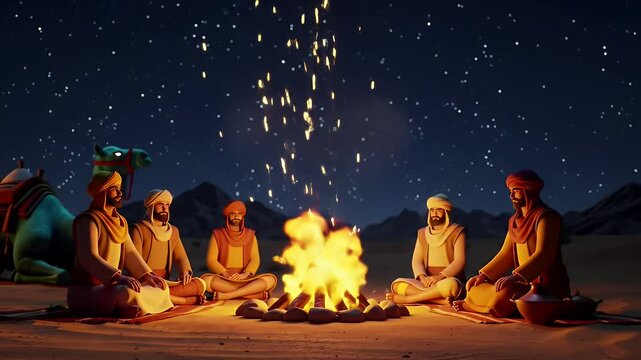 Middle Eastern Men Gather Around Campfire with Camels at Night in Desert 3D Render