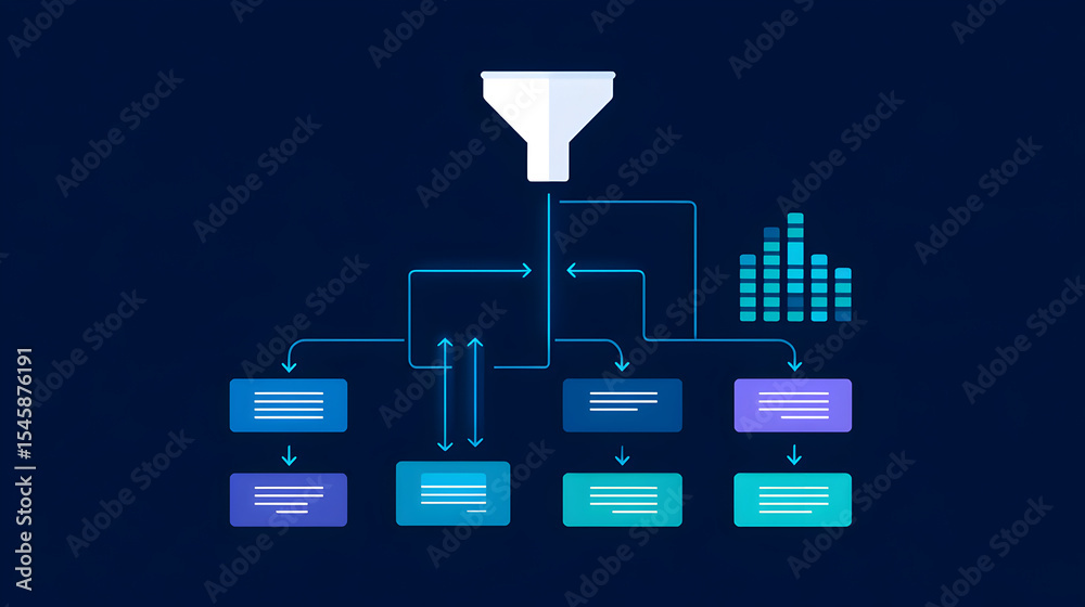Poster data flow and analytics: an abstract illustration shows data processing and information filtering, v