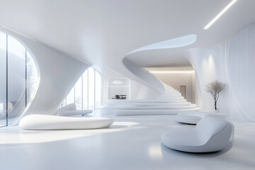 Modern white interior design features a curved staircase minimalist seating and large windows showcasing a serene view