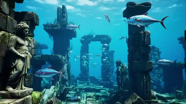 Underwater scene of a lost city with many fish swimming around the ruins area