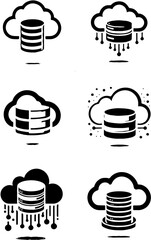 cloud computing icons with database elements and digital connection symbols in black and white