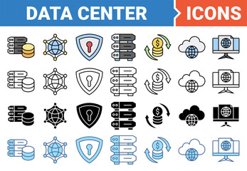 Data center banner icon set with multiple style collection.	