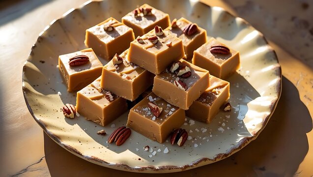 Salted Penuche Fudge Squares with Pecans on Vintage Plate