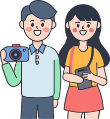 Male and Female Characters Holding a Camera – Capturing Moments Together
