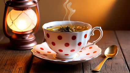 Warm Soup with Golden Spoon and Lantern


