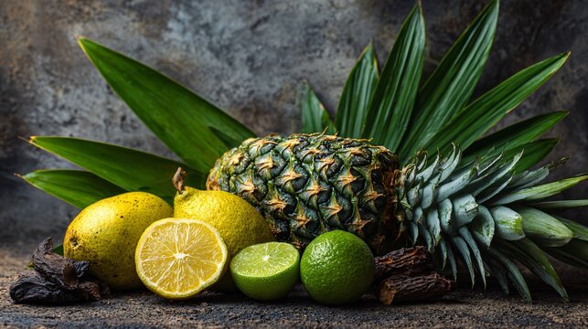 Arrangement of exotic fruit with palm leaf accents, stone texture background, golden lighting