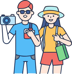 Male and Female Tourists with Cameras – Travel Photography and Vacation Exploration
