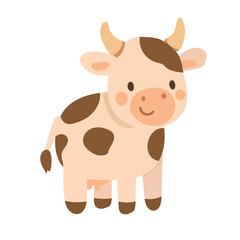 Fototapeta premium Cute cartoon cow with brown spots and horns stands smiling on a white background, perfect for farm animal illustrations, kids books, or dairy-themed graphics.