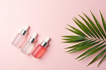 Three small glass bottles arranged diagonally on a soft pink background, with white rubber bulbs and silver necks, enhancing its simplicity and elegance.