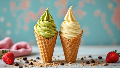 subject: matcha and vanilla soft serve ice cream in waffle cone copy space: representing sweet indulgence and culinary temptation for food blogging