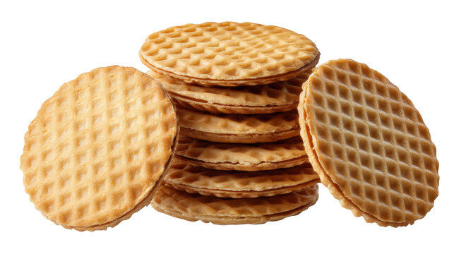 Round waffle cookies stacked isolated on transparent background with crispy texture