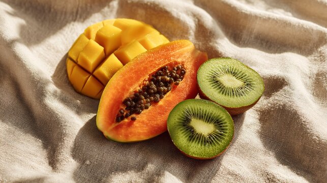 Flat lay of sliced mango, papaya, and kiwi on natural linen, sun casting soft shadows, warm minimalist setup