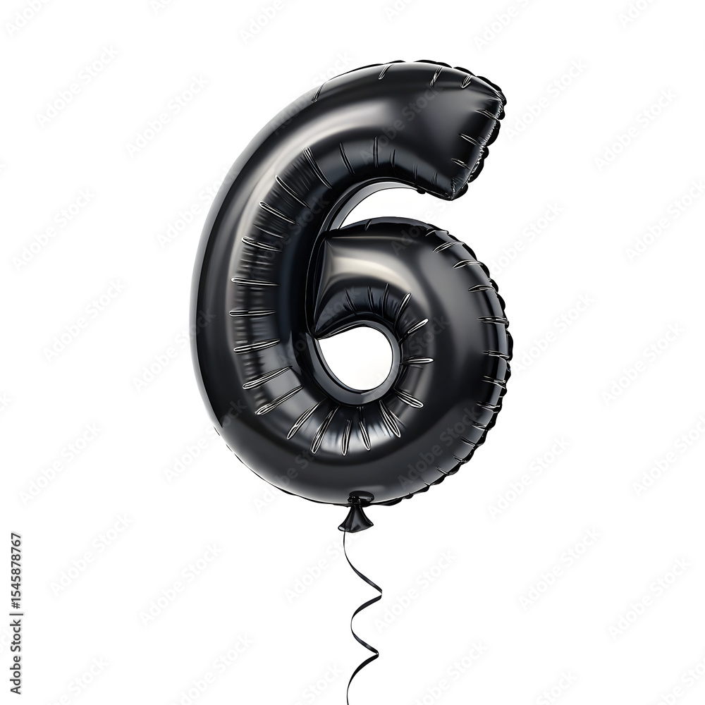Fototapete a balloon shaped like the number 6,matte black metallic finish with realistic reflections and smooth