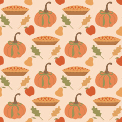 Thanksgiving seamless pattern. Warm and cozy seasonal design. Pumpkin with cute bow, autumn leaves, pumpkin pie, apples and pears. Vector colorful autumn background.