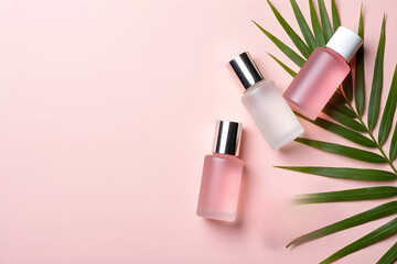 Three small glass bottles arranged diagonally on a soft pink background, with white rubber bulbs and silver necks, enhancing its simplicity and elegance.
