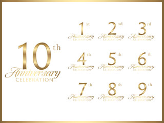 周年数字と記念日お祝い用のロゴデザインのゴールドバナーセット