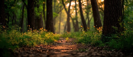 A sunlit forest path winds through tall trees and wildflowers, creating a peaceful, natural atmosphere in the early morning light