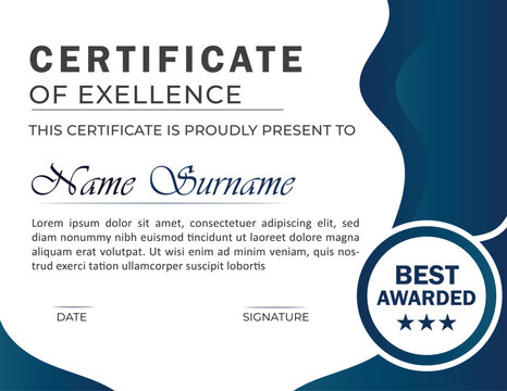 Elegant certificate of excellence template with gradient design for achievement award
