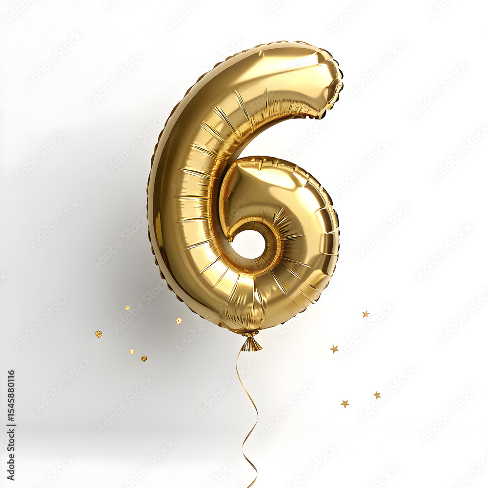 Fototapete a balloon shaped like the number 6,gold metallic finish with realistic reflections and smooth textur