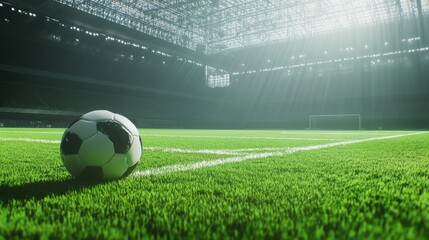 Naklejka premium Awaiting the game: A soccer ball rests on the vibrant green pitch of a stadium