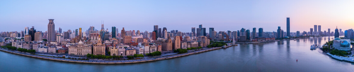 Fototapeta premium Aerial view of Shanghai skyline in downtown at sunrise.