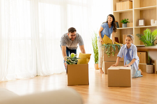 Moving boxes and cheerful friends prepare to transform their new home with plants and vibrant décor in a sunny living space