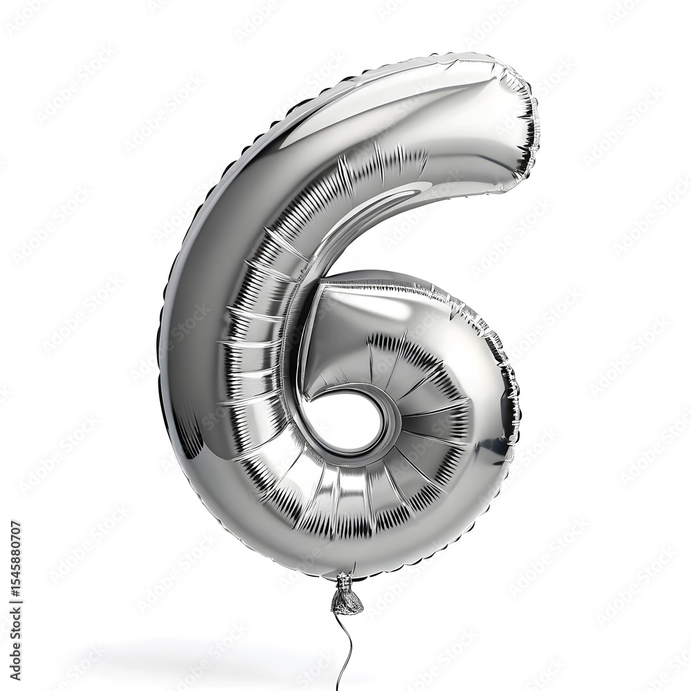 Fototapete a balloon shaped like the number 6 ,silver metallic finish with realistic reflections and smooth tex