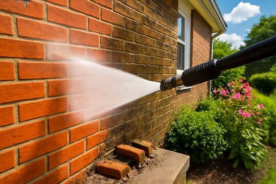 Pressure washer cleans brick facade wall house. Water stream removes dirt, grime. Pro exterior cleaning residential home, improving look property. Power washing service offers maintenance. 