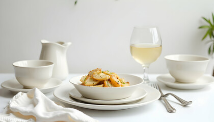 Dinner Serving with Roasted Potatoes and White Wine on White Table