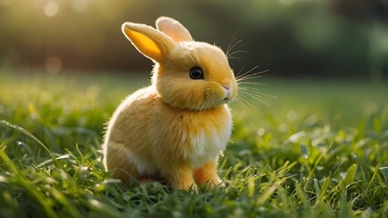 Fototapeta premium Pastel Yellow Bunny Toy on Grass with Warm Sunlight – Cute Kids Product Background