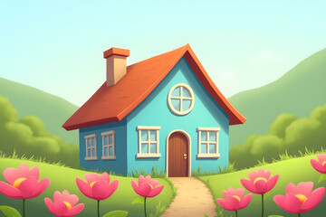 A charming, cartoon-like house with a soft, sky blue facade, warm terracotta roof, and vibrant pink flowers, surrounded by green hills.