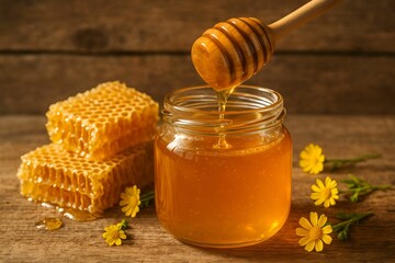 Jar of golden organic honey. Ideal for use in food blogs, organic product packaging, advertisements, and health-related content
