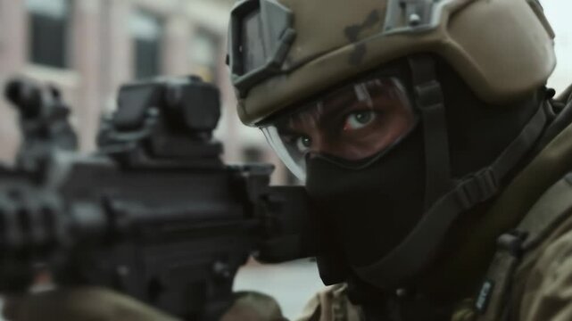 Focused soldier aiming rifle in urban setting military person in tactical uniform close up
