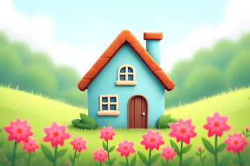 A charming, cartoon-like house with a soft, sky blue facade, warm terracotta roof, and vibrant pink flowers, surrounded by green hills.