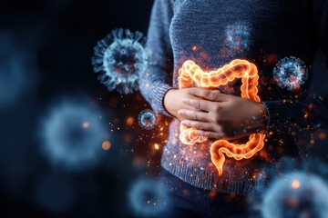 A person clutching their stomach, with a glowing illustration of intestines and floating virus-like particles, symbolizing gut health or digestive issues
