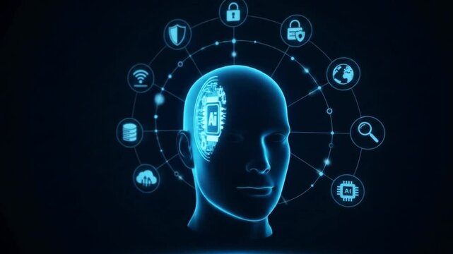 A stylized human head with a circuit board inside symbolizes artificial intelligence, surrounded by security icons