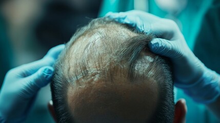 Naklejka premium Baldness treatment concept, hands of trichologist doctor in gloves performing procedure on balding male head