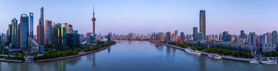 Naklejka premium Aerial view of Shanghai skyline in downtown at sunrise.