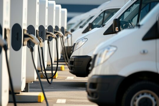 Electric Vehicles . Electric Car. Electric Vans Charging at Station. Eco-Friendly Transportation Concept with Copy Space. Row of Electric Delivery Vehicles Being Charged. Clean Energy Mobility.	