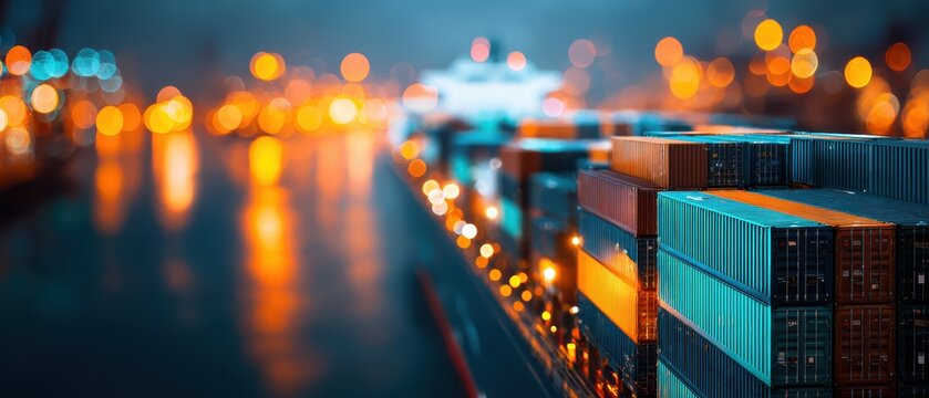 Colorful shipping containers stacked on a cargo ship at a busy port with vibrant city lights in the background