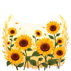 Late summer sunflowers in field at autumn equinox.  Sunflowers with warm tones and fall breeze, field of sunflowers transitioning to fall foliage.